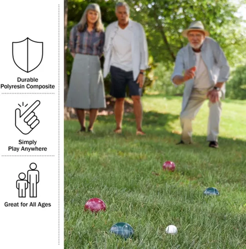 Vista 2 de HEY! PLAY! Bocce Ball Set Regulation Size - Lawn Game for Backyard or Beach - Includes Red and Green Bocce Balls, Pallino, and Carrying Case by