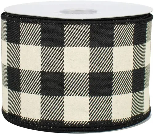 Cinta a Cuadros de Búfalo Negro Marfil - 2 1/2" x 10 Yardas, Borde Alambrado, Acción de Gracias, Otoño, Cinta para Árbol de Navidad, Rústico, Casa