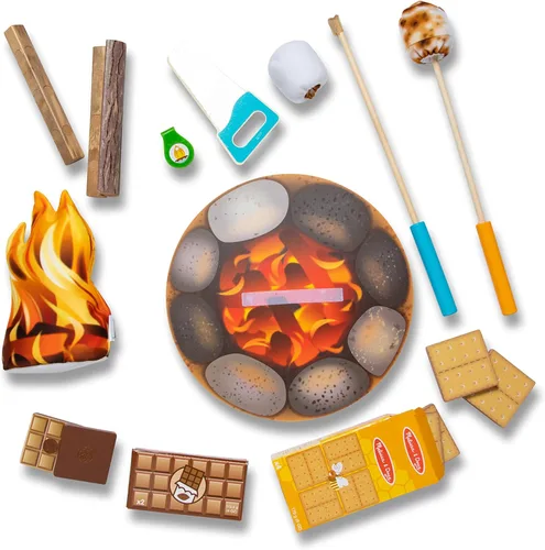 Vista 4 de Melissa & Doug: set de juego de fogata S’mores con comida de juguete y accesorios de cocina para niños, juguetes de aprendizaje preescolar