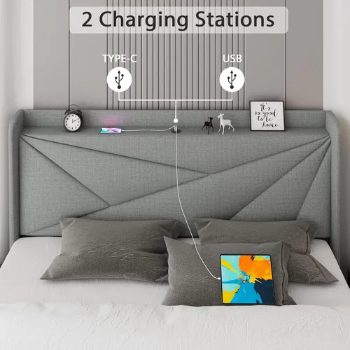 Vista 4 de Feonase Base de cama tamaño King con puertos tipo C y USB base de cama tapizada con cabecera de almacenamiento con respaldo alado soporte