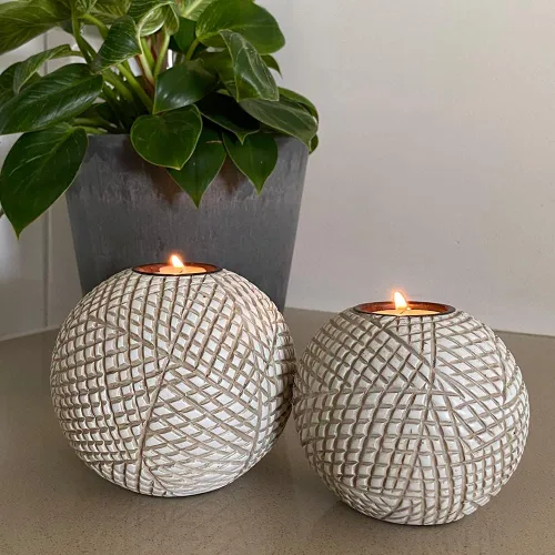 Vista 8 de Luca Orb - Portavelas (caja de regalo, juego de 2 unidades), diseño de cuadrícula, beige y blanco
