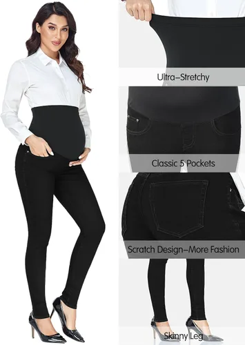 Vista 2 de PACBREEZE Jeans de maternidad para mujer, sobre el vientre, ajustados, elásticos, de cintura alta, pantalones ajustados con bolsillos