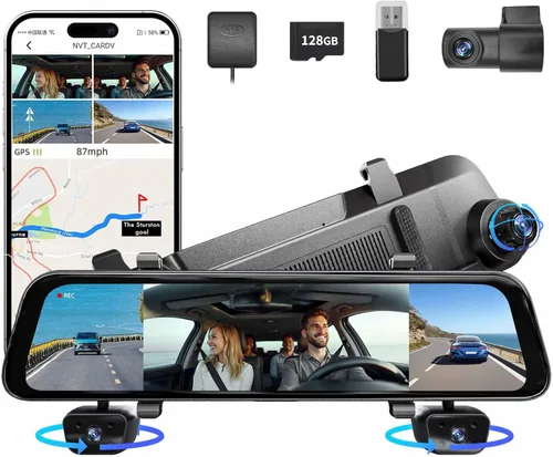 Cámara de espejo retrovisor de 12 pulgadas, cámara de espejo de 4 canales frontal y trasera en el interior, cámara de respaldo para automóviles,