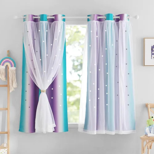 Vista 47 de NICETOWN Cortinas opacas con recortes de estrellas para dormitorio, 2 paneles, diseño mixto de 2 capas de tela y tul, cortina de ventana para niños