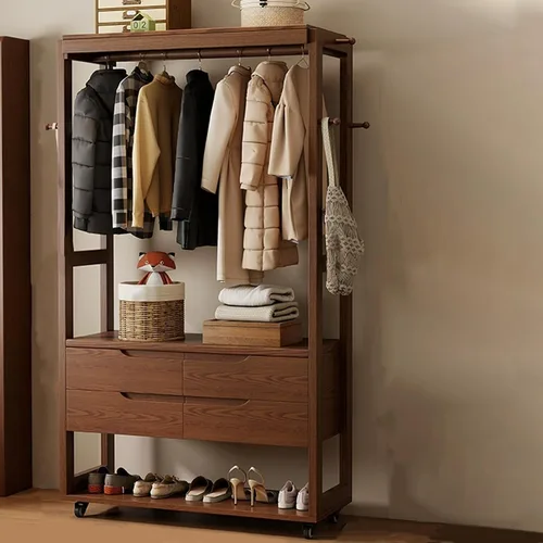 Vista 12 de Solid Wood Clothes Rack, 360° Movable Clothing Rack, Large Capacity Garment Rack with 4 Drawers and a Shoe Rack, Coat Rack for Entrance