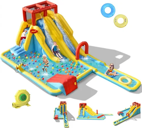 Vista 11 de BOUNTECH Tobogán acuático inflable, tobogán de surf de elefante, parque acuático para niños, castillo hinchable con 2 piscinas de chapoteo, cueva