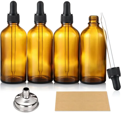 AOZITA Paquete de 4 botellas cuentagotas de 4 onzas con 1 embudo y 4 etiquetas, botellas de aceites esenciales para salud, cuidado personal y Ámbar