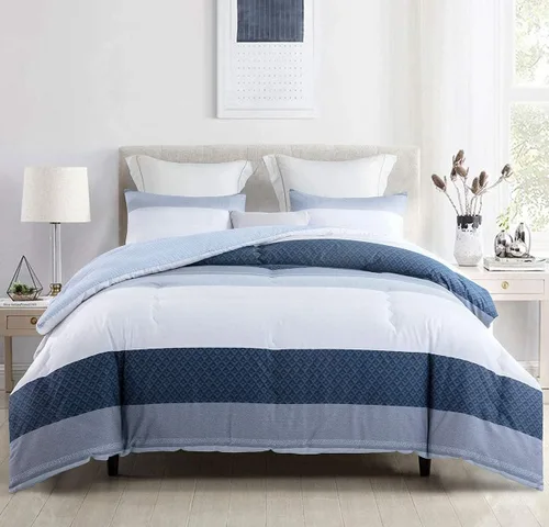Vista 2 de Sleepbella - Edredón tamaño individual, algodón de 600 hilos, patchwork a rayas en blanco y azul marino, diseño reversible en azul, con relleno