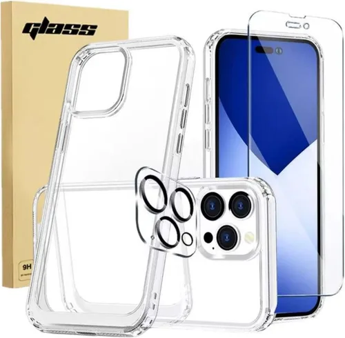Paquete de 4 para iPhone 14 Pro Max 6.7 pulgadas 1 protector de pantalla de vidrio templado, transparente HD, antihuellas, antiarañazos 1 funda