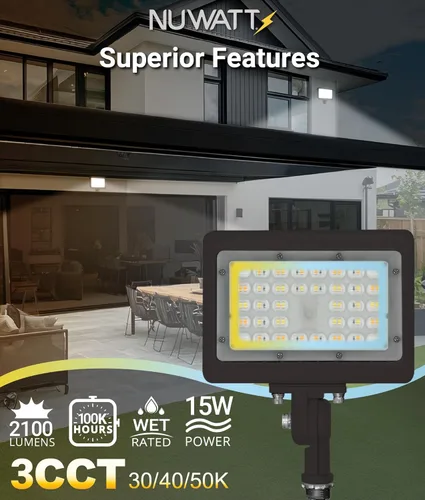 Vista 4 de NUWATT Reflector LED de 15W, 3CCT 3000K/4000K/5000K Seleccionable, Iluminación Impermeable IP65, Soporte de Articulación Ajustable de 1/2", 2100