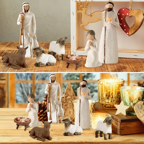 Vista 6 de Amyhill Belén de Navidad artesanal de 7 piezas, escena del pesebre con figuras de madera para decoración del hogar