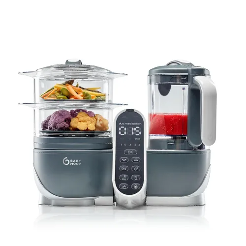 Babymoov Duo Meal Station - Máquina de alimentos 6 en 1, procesador de alimentos con olla de vapor, licuadora de múltiples velocidades, purés de