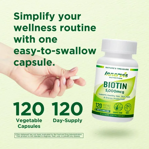 Vista 5 de Biotina de alta potencia 5000mcg - Apoya la salud del cabello, la piel y las uñas, 120 cápsulas vegetales
