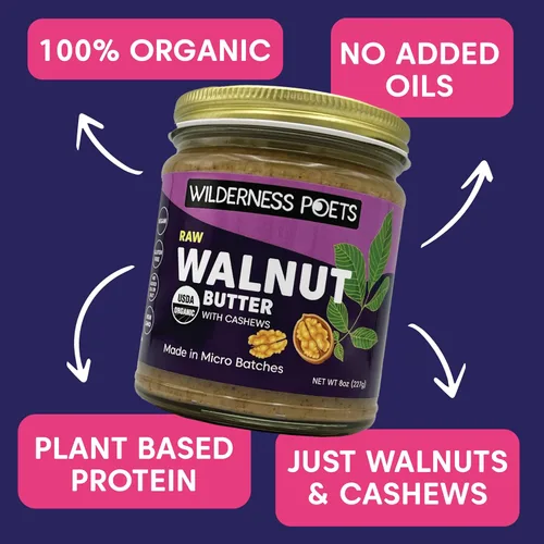 Vista 5 de Wilderness Poets, Mantequilla de nuez con anacardos - Orgánica y cruda (8 onzas - media libra) - Tarro de vidrio