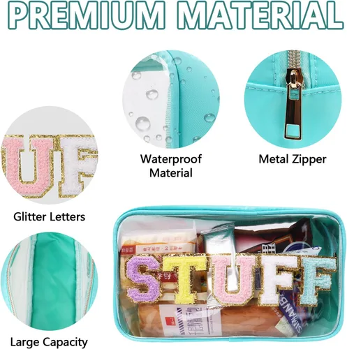 Vista 3 de Iqimott Preppy Patch - Bolsa de maquillaje transparente para mujer, bolsa de cosméticos con letras de chenilla para viajes, Cosas-Verde