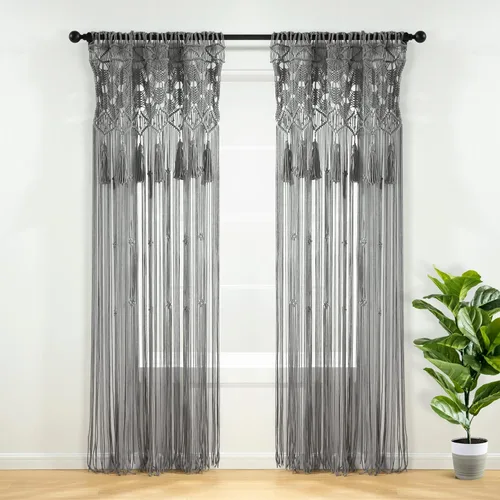 Vista 9 de Lush Decor Cenefa de algodón con borlas de macramé bohemio/cortina de cocina/decoración de pared, 30 pulgadas de largo x 40 pulgadas de ancho, gris