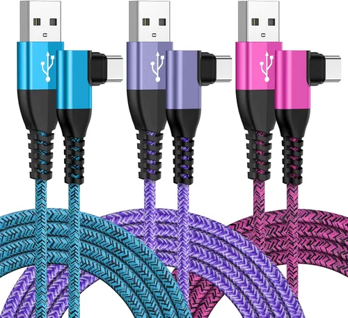 Cable USB tipo C de 6 pies, 3 unidades de cable de carga rápida en ángulo recto, cable de carga USB C de 3.1 A para iPhone 17 16 15 Samsung Galaxy