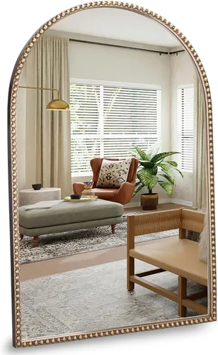 Vista 12 de Espejo de pared arqueado de oro antiguo, 36 x 28 pulgadas con marco de cuentas de metal, espejo decorativo para chimenea, dormitorio, sala de estar