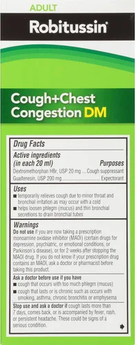 Vista 10 de Robitussin DM para la tos y la congestión del pecho, supresor de la tos y expectorante, sabor a frambuesa, botella de 4 onzas líquidas