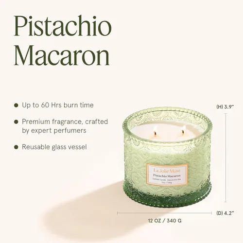 Vista 5 de LA JOLIE MUSE Vela de macarrón de pistacho Pistacho, leche y vainilla Vela de soja de doble mecha de 12 onzas Cera de soja natural 60 horas