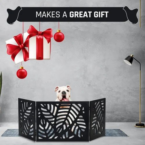 Vista 8 de Bundaloo Puerta independiente para perros, valla de madera decorativa expandible para perros pequeños a medianos, barrera para escaleras, puertas
