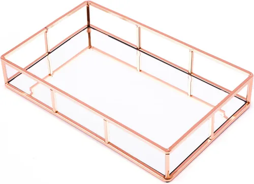 Vista 8 de Bandeja con espejo PuTwo, bandeja dorada para cómoda, bandeja decorativa de metal, bandeja de joyas y perfumes, bandeja para maquillaje
