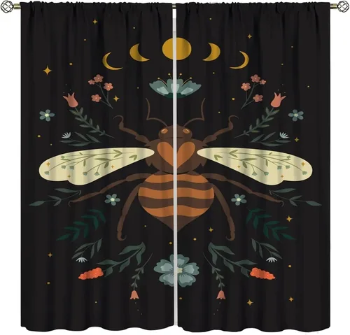 Cortinas con diseño de abeja, estilo bohemio, diseño floral, estrellado, jardín, estética, con bolsillo para barra, para sala de estar, cocina,