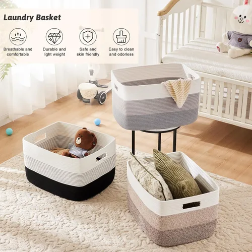 Vista 6 de Artfeel - Cesta de manta rectangular, cestas tejidas para almacenamiento, cesta de lavandería de 30L para decoración de guardería, cesta