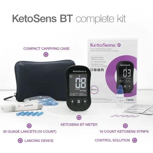 Vista 4 de Kit de inicio de monitoreo de cetona de sangre KetoSens con Bluetooth - Ideal para dieta Keto. Incluye medidor, 10 tiras de prueba de cetona, 1 vial