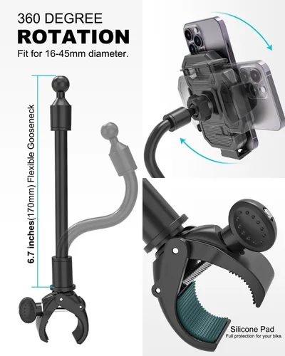 Vista 6 de Soporte para teléfono de motocicleta de brazo largo, [correa segura mejorada] Soporte de teléfono celular para ATV Scooter, soporte de teléfono