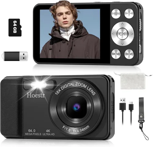 Vista 10 de Cámara digital 4K de 64MP, Hoestr Cámara compacta de punto y disparo con zoom automático de 18X y enfoque automático con tarjeta TF de 64GB, flash