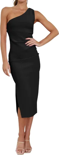 BTFBM Vestido ajustado de un hombro para mujer, para primavera, verano, sin mangas, con abertura, para fiesta, cÃ³ctel, boda, invitada de graduaciÃ³n