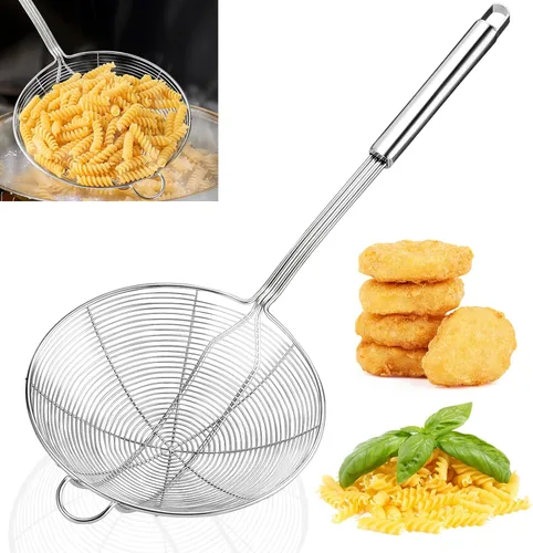 Yimi Colador de araña de 16.5 pulgadas | Espumador de cocina de acero inoxidable con mango largo de doble gancho | Cuchara de alambre en espiral con