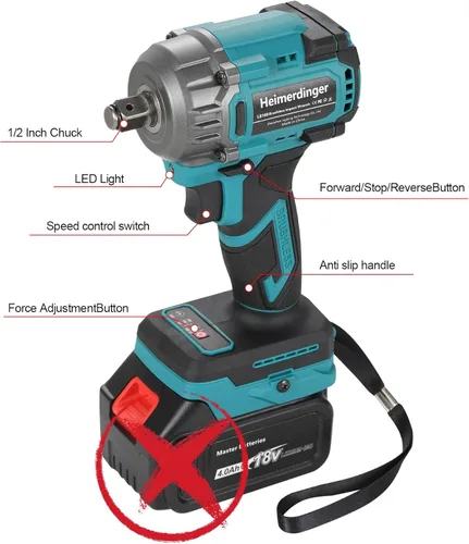 Vista 6 de Llave de impacto inalámbrica de 1/2 pulgada compatible con batería Makita de 18 V, 550 N.m (406 pies-libras) Pistola de impacto de alto par sin