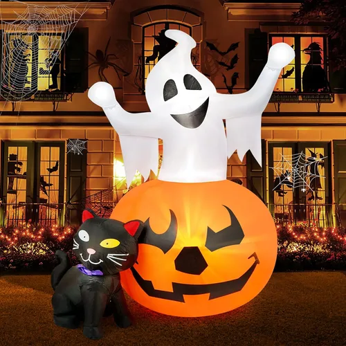 Inflables de Halloween de 5 pies para exteriores, calabaza espeluznante y gato negro de bruja, decoración inflable de Halloween con luces LED