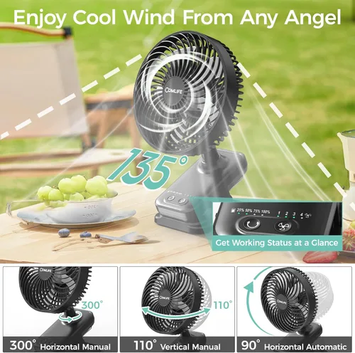 Vista 6 de Ventilador con clip de 10000 mAh, funcionamiento de 42 horas, ventilador de mesa silencioso y oscilante automático, recargable con 4 potentes