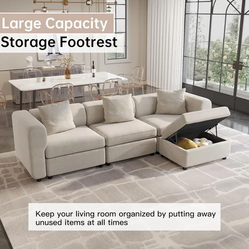 Vista 7 de Guyii Sofá modular de terciopelo, moderno sofá de 4 plazas de gran tamaño con 3 almohadas y reposapiés de almacenamiento, sofá convertible de 115.74