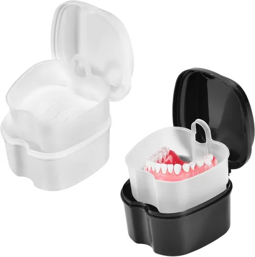 Vista 10 de KISEER Caja de baño de dentadura negra con soporte para tazas, contenedor de remojo con cesta coladora para limpieza de viajes