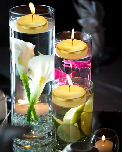 Vista 3 de Velas flotantes para centros de mesa, velas redondas doradas de 3 pulgadas, sin perfume, cera de parafina sin goteo, para el día de San Valentín