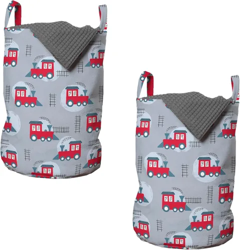 Vista 40 de Lunarable Bolsa de lavandería de tren, patrón de dibujos animados de locomotora dibujada digital con rieles de ferrocarril, cesta con asas, cierre