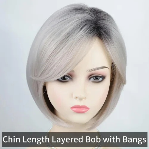Vista 3 de RENERSHOW Pelucas cortas estilo Bob gris para mujeres blancas, peluca Bob gris degradado con flequillo, cortes de pelo rectos, pelucas sintéticas