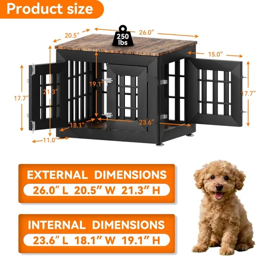 Vista 3 de Snuowu Mueble de jaula de perro resistente de 26 pulgadas para perros pequeños, medianos y grandes, jaula de madera rústica para perros, muebles