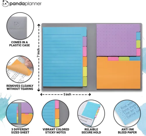 Vista 4 de Panda Planner Juego de notas adhesivas – 140 colores surtidos de primavera con pestañas, punteadas, rayadas y notas en blanco – Pestañas adhesivas