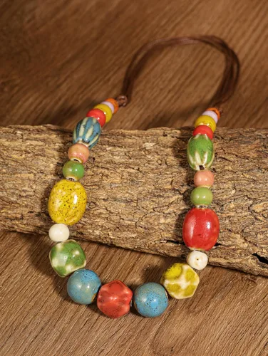 Vista 3 de MINACHI Hippie Boho - Collar de cuentas redondas de cerámica colorida, estilo bohemio, regalo de joyería para mujer