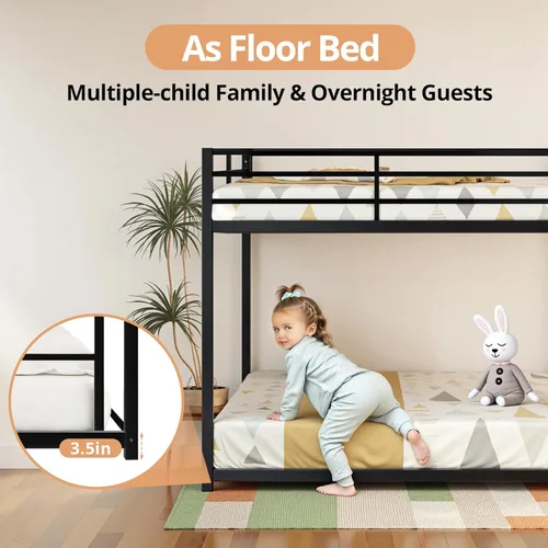 Vista 3 de INCLAKE Litera de tamaño matrimonial sobre matrimonial, base de cama de metal resistente con escalera integrada y riel de protección de seguridad