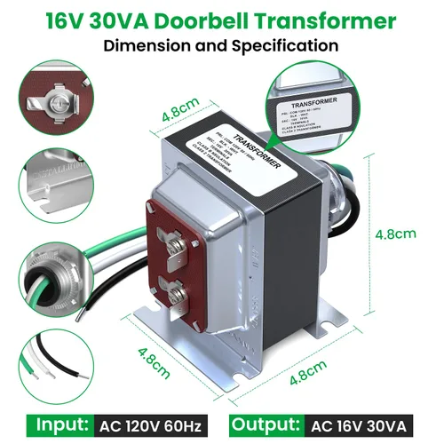 Vista 4 de Transformador de timbre de 16 V 30 VA compatible con timbre de video con anillo con cable, pieza de repuesto para timbre de puerta transformador