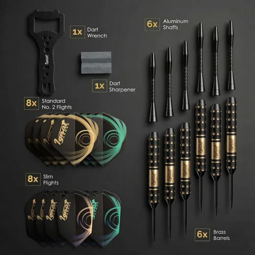 Vista 6 de IgnatGames Steel Tip Dart Set - Brass Barrels with Tempered Steel Points, Aluminum Shafts, 16 GlideXPro Flights (Standard No. 2 + Slim)