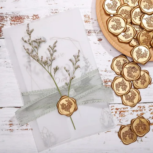Vista 4 de Yoption Calcomanías de Sello de Cera de Eucalipto, Paquete de 100 Calcomanías Autoadhesivas de Sello para Sobre de Oro Antiguo para Boda, Fiesta