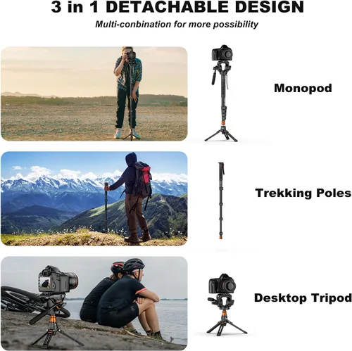 Vista 8 de Monopod de cámara profesional con pies, monopie de video de viaje portátil de aluminio de 73.2 pulgadas con base de trípode extraíble, carga máxima