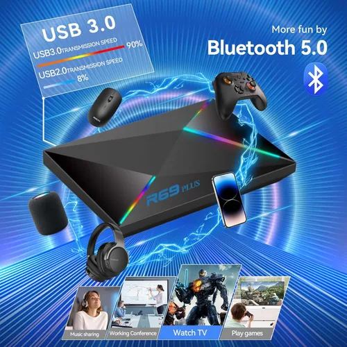 Vista 7 de Android 14 TV Box 2025 Android Box 4GB RAM 64GB ROM for Smart TV 1000M Ethernet R69 Plus 8K TV Box 4K HDR10+ H728 Octa-core WIFI6 2.4G 5.8G Dual